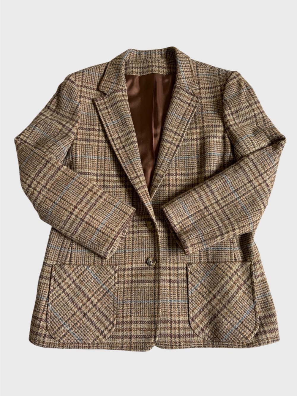 Vtg 70s Century of Boston Brown Plaid Tweed Wool Blazer Jacket Women's 14 (M)